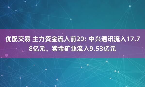 优配交易 主力资金流入前20: 中兴通讯流入17.78亿元、紫金矿业流入9.53亿元